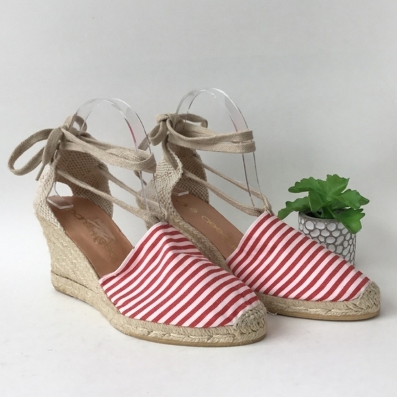 Andre Assous Striped Wedge Lace Up Espadrille Red White Size 10 New - Picture 12 of 13